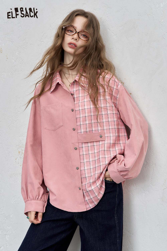 ELFSACK Cotton Blend Contrast Panel Shirt Drop Shoulder Oversized Fit