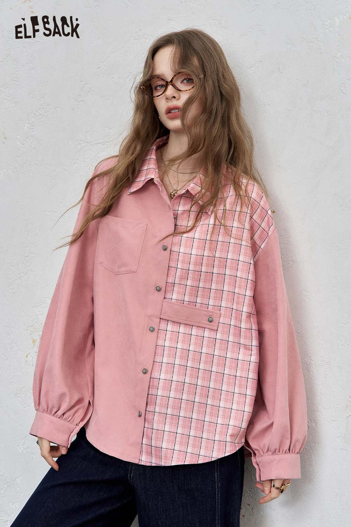 ELFSACK Cotton Blend Contrast Panel Shirt Drop Shoulder Oversized Fit