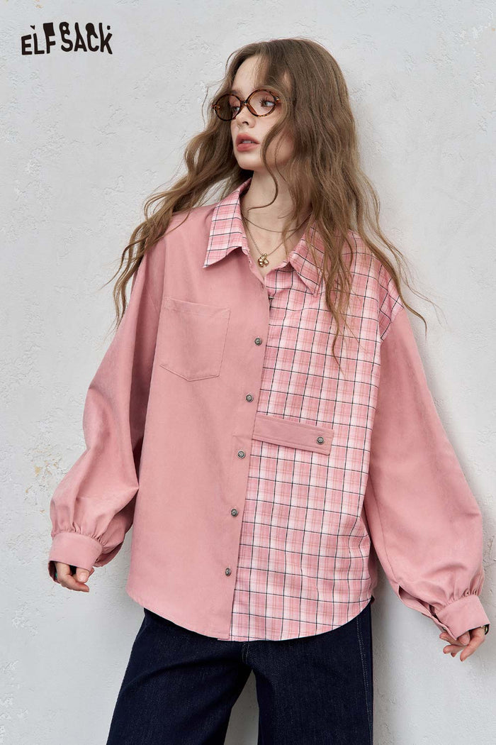 ELFSACK Cotton Blend Contrast Panel Shirt Drop Shoulder Oversized Fit
