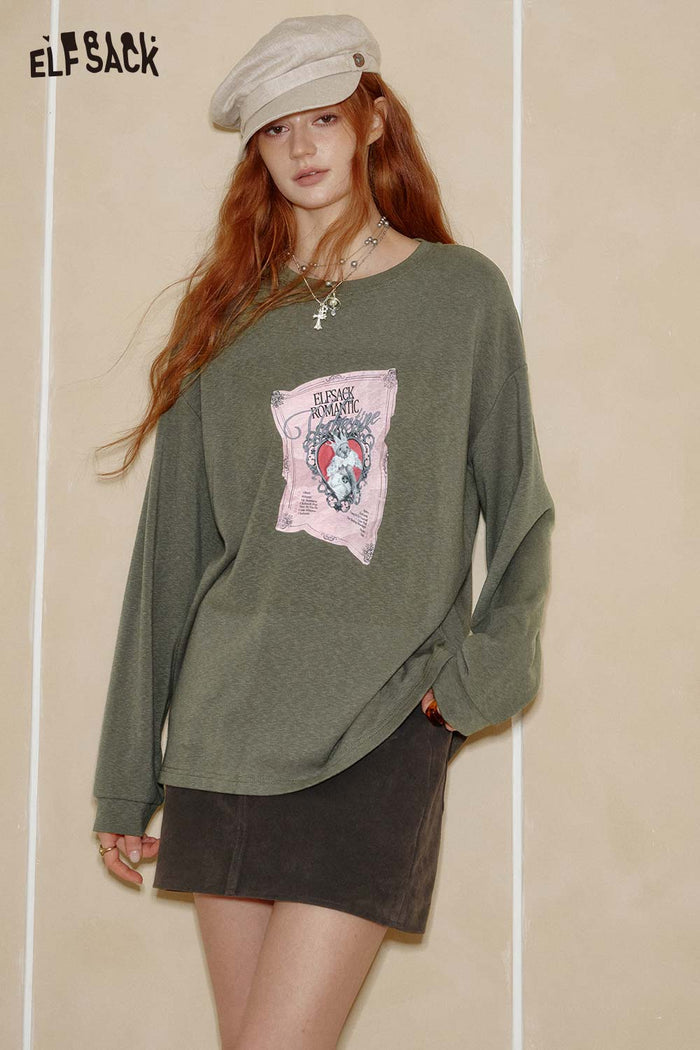 ELFSACK Cotton Blend Crew Neck Graphic Print Relaxed Fit Tee