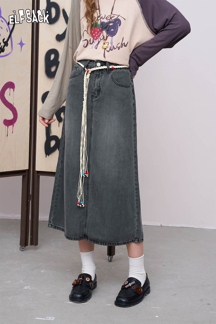 ELFSACK Cotton Blend Denim Drawstring Ankle-Length Skirt