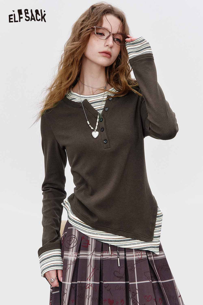 ELFSACK Cotton Blend Drop Shoulder Two Layer Mock Neck Striped Long Sleeve Top