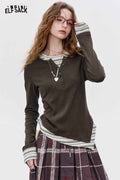 ELFSACK Cotton Blend Drop Shoulder Two Layer Mock Neck Striped Long Sleeve Top