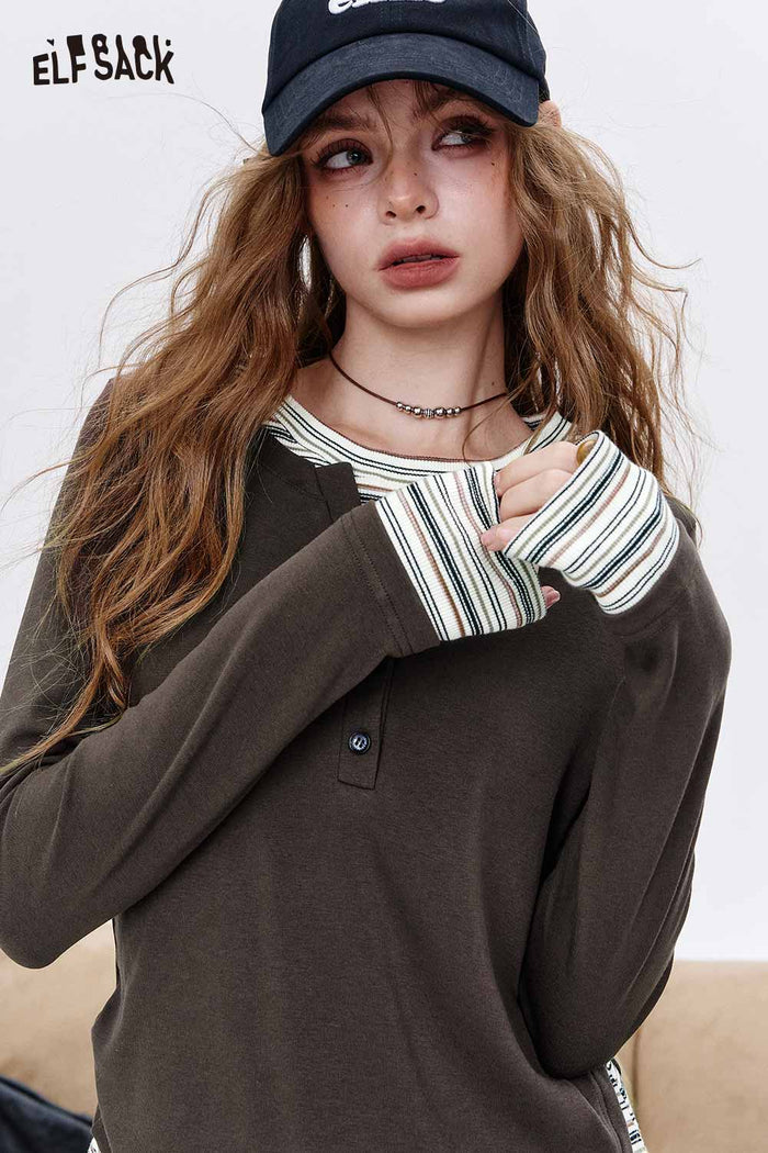 ELFSACK Cotton Blend Drop Shoulder Two Layer Mock Neck Striped Long Sleeve Top