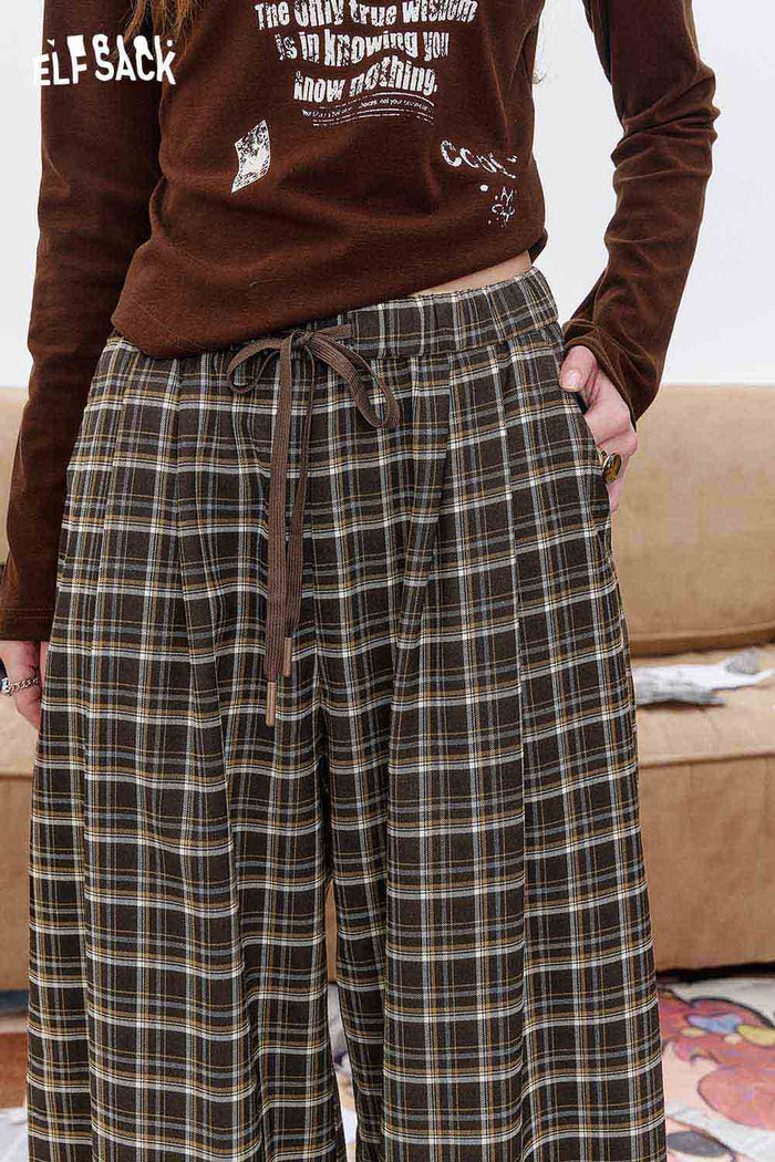 ELFSACK Cotton Blend Elastic Waist Adjustable Drawstring Plaid Design Wide Leg Trousers