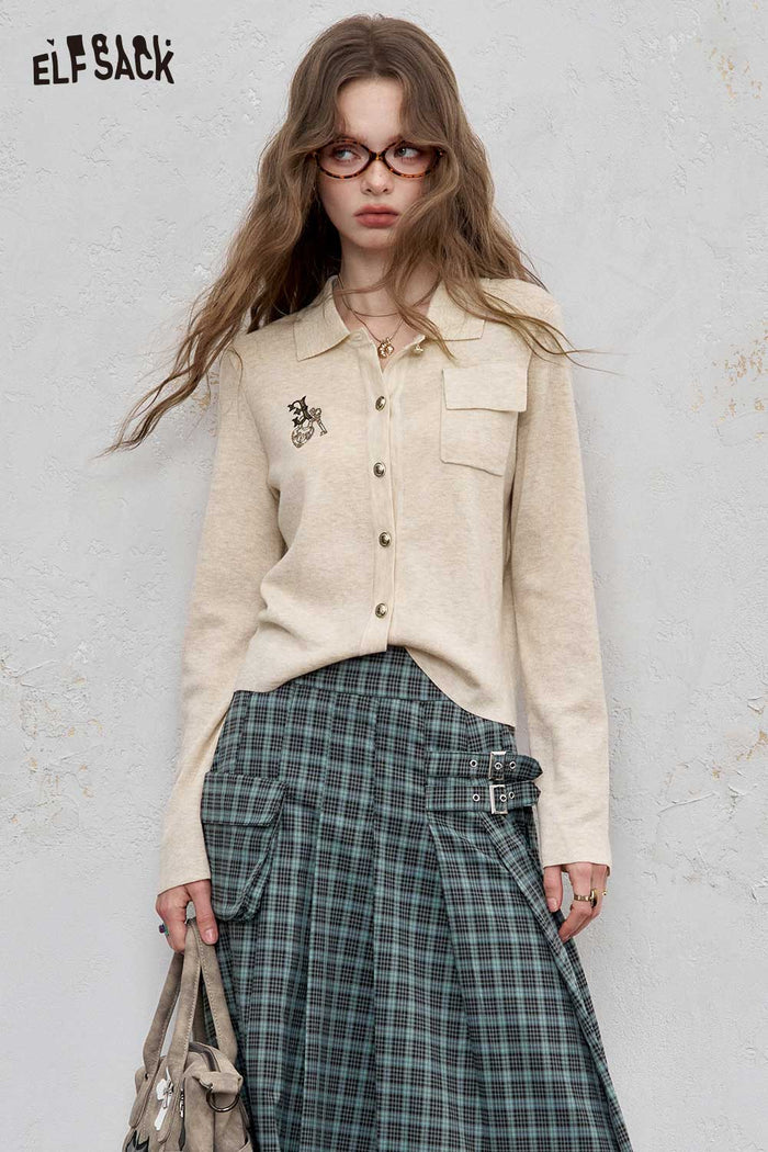 ELFSACK Cotton Blend Embroidered Cardigan Button Front Lightweight Knitwear