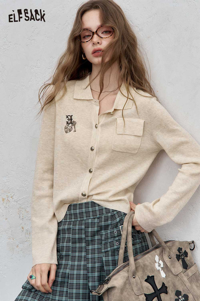 ELFSACK Cotton Blend Embroidered Cardigan Button Front Lightweight Knitwear