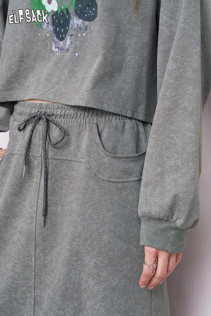 ELFSACK Cotton Blend Embroidered Hoodie Skirt Matching Set