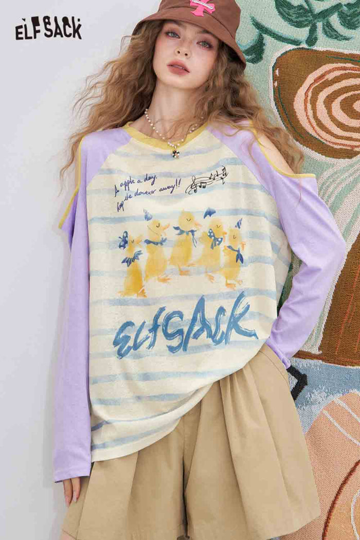 ELFSACK Cotton-Blend Loose Colour Clashing Strapless Printed Long Sleeve T-Shirt