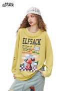 ELFSACK Cotton-Blend Loose Cow Printed Long-Sleeved T-Shirt