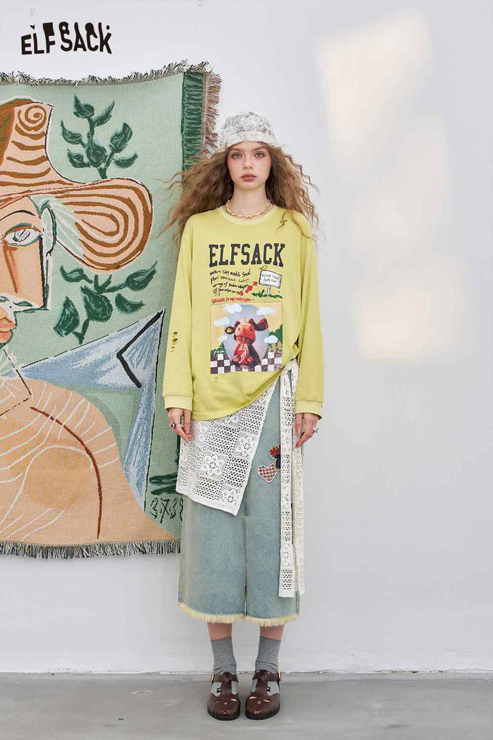 ELFSACK Cotton-Blend Loose Cow Printed Long-Sleeved T-Shirt