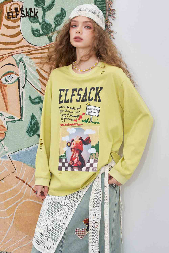 ELFSACK Cotton-Blend Loose Cow Printed Long-Sleeved T-Shirt