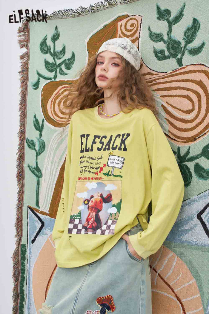 ELFSACK Cotton-Blend Loose Cow Printed Long-Sleeved T-Shirt