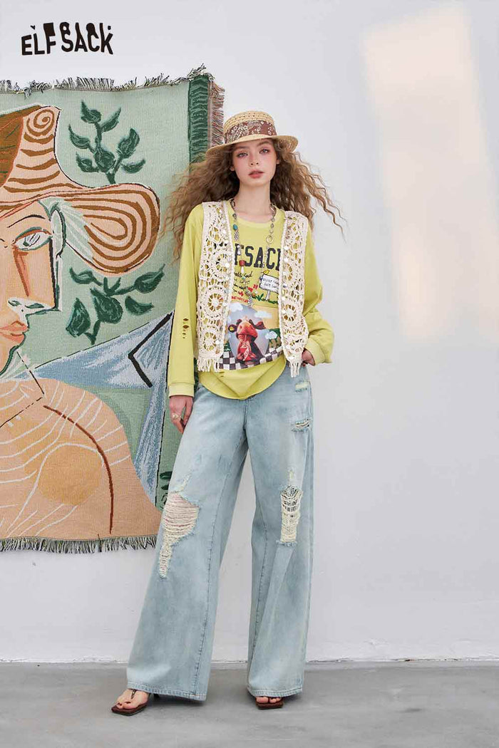 ELFSACK Cotton-Blend Loose Cow Printed Long-Sleeved T-Shirt
