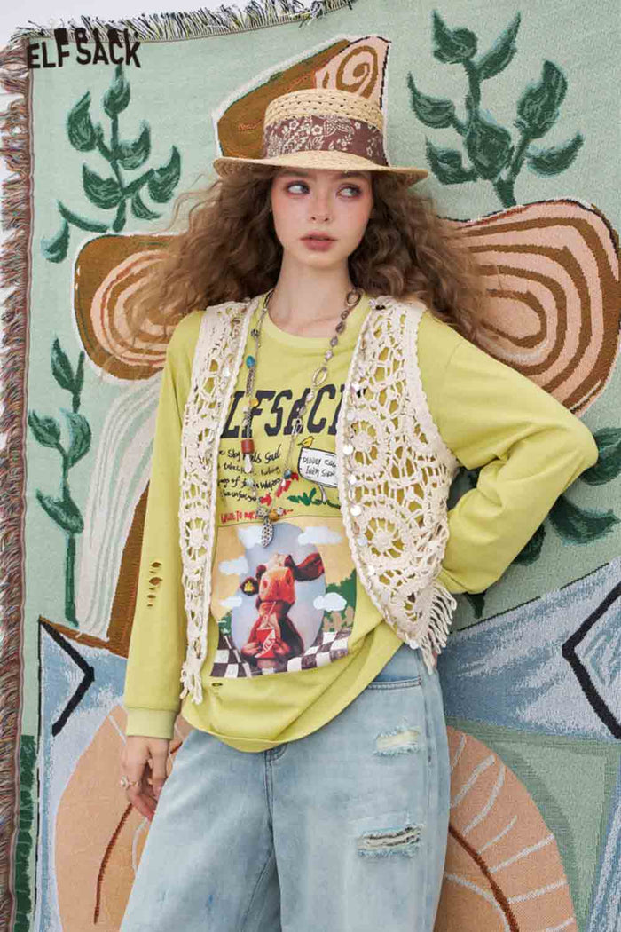 ELFSACK Cotton-Blend Loose Cow Printed Long-Sleeved T-Shirt