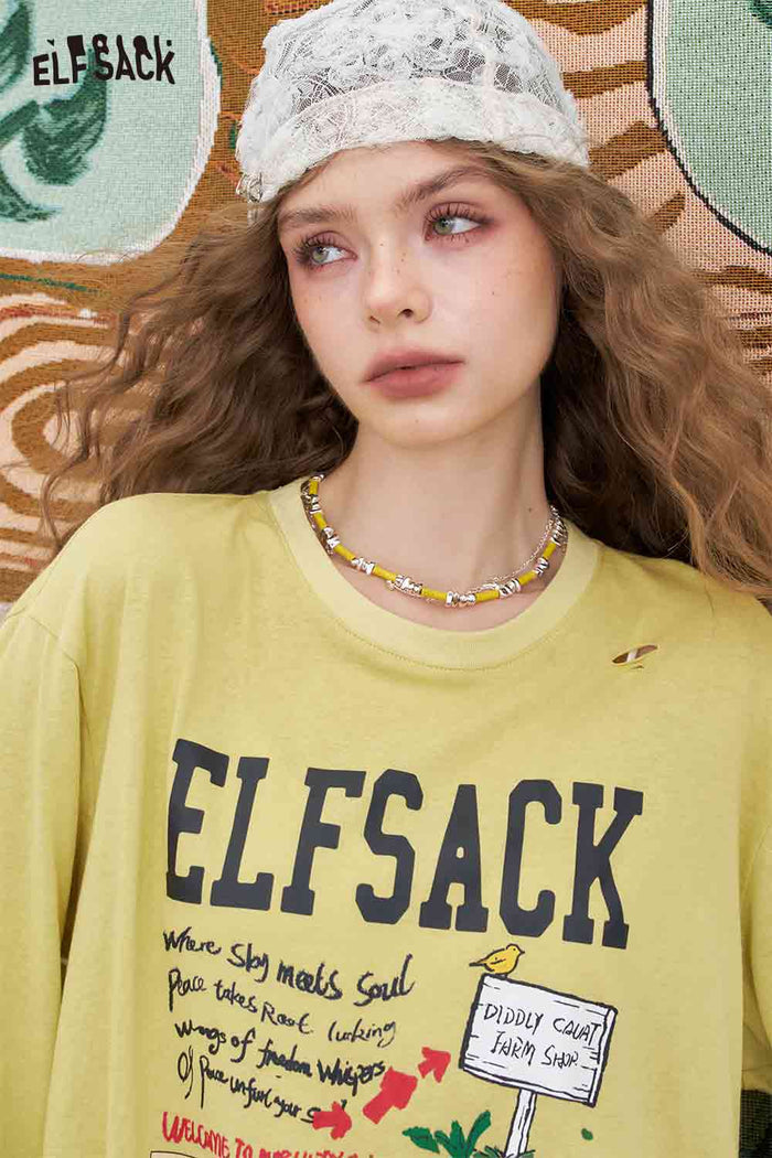ELFSACK Cotton-Blend Loose Cow Printed Long-Sleeved T-Shirt
