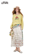 ELFSACK Cotton-Blend Loose V-Neck Printed Long-Sleeved T-Shirt