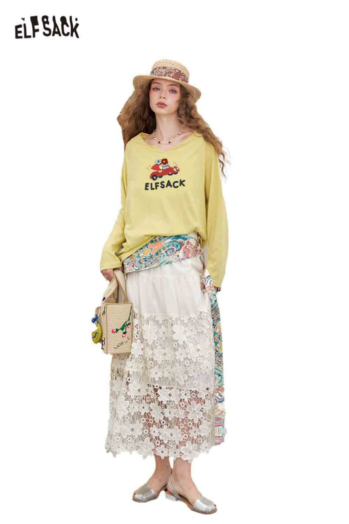 ELFSACK Cotton-Blend Loose V-Neck Printed Long-Sleeved T-Shirt
