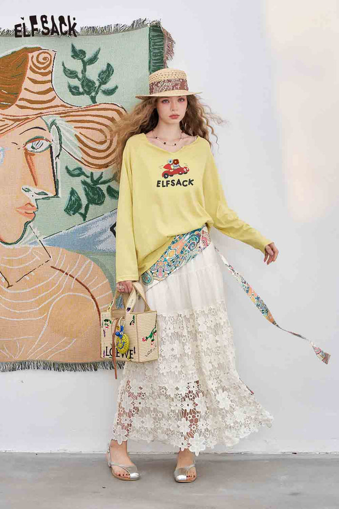 ELFSACK Cotton-Blend Loose V-Neck Printed Long-Sleeved T-Shirt