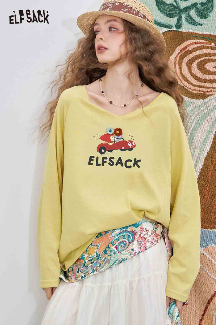 ELFSACK Cotton-Blend Loose V-Neck Printed Long-Sleeved T-Shirt