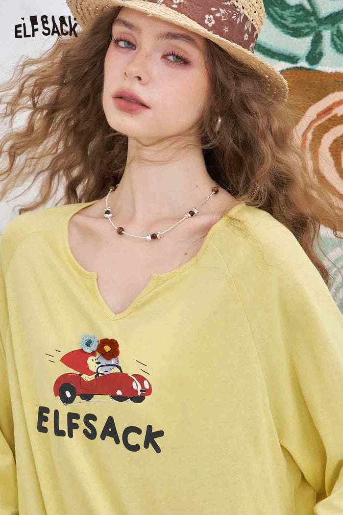 ELFSACK Cotton-Blend Loose V-Neck Printed Long-Sleeved T-Shirt