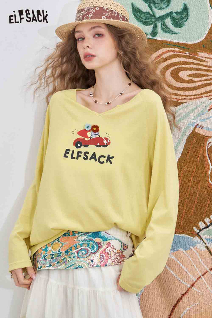 ELFSACK Cotton-Blend Loose V-Neck Printed Long-Sleeved T-Shirt
