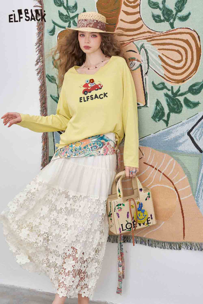 ELFSACK Cotton-Blend Loose V-Neck Printed Long-Sleeved T-Shirt