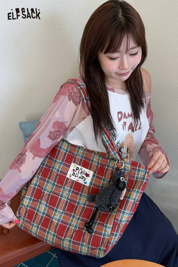 ELFSACK Cotton Blend Plaid Pattern Cute Tote Bag