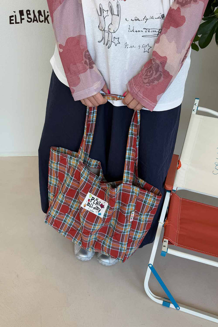 ELFSACK Cotton Blend Plaid Pattern Cute Tote Bag