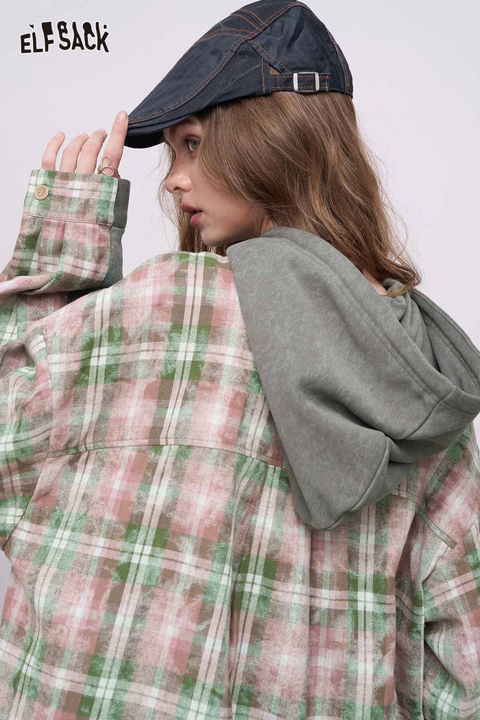ELFSACK Cotton Blend Preppy Style Hooded Plaid Patchwork Short Dress