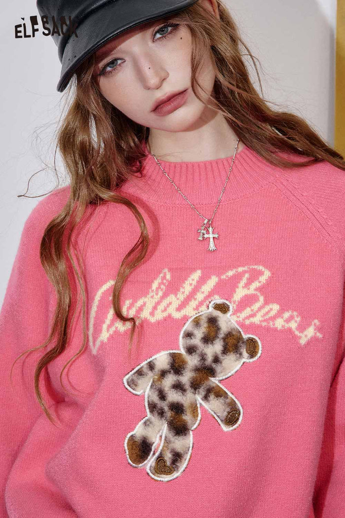 ELFSACK Cotton Blend Relaxed Bear Embroidery Detail Fit Knit Top