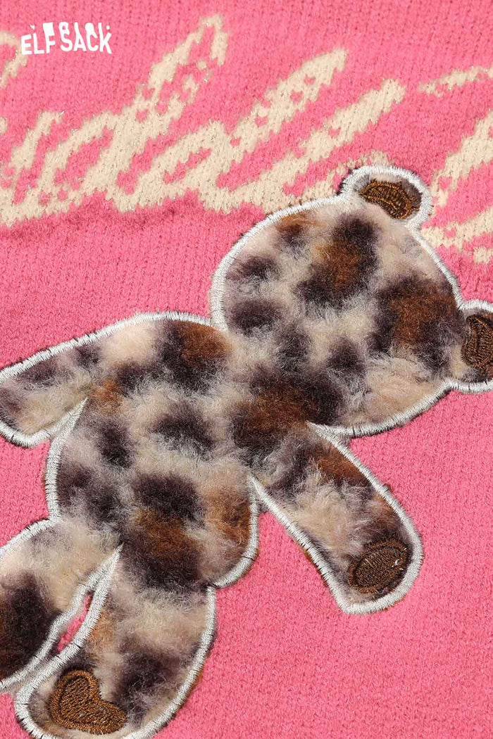 ELFSACK Cotton Blend Relaxed Bear Embroidery Detail Fit Knit Top