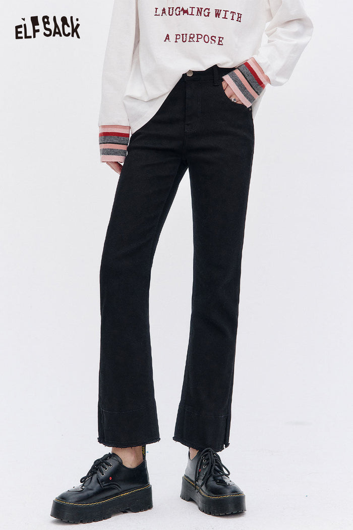 ELFSACK Cotton Blend Slimming Tapered Leg Design Classic Black Trousers