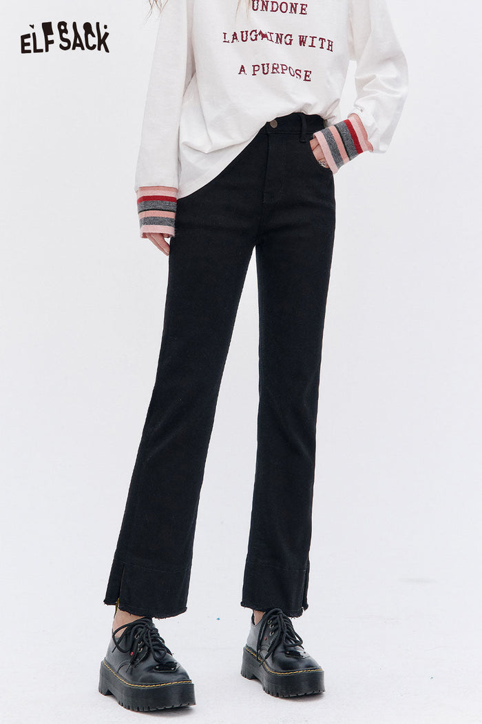 ELFSACK Cotton Blend Slimming Tapered Leg Design Classic Black Trousers