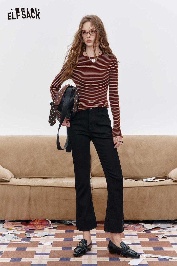 ELFSACK Cotton Blend Slimming Tapered Leg Design Classic Black Trousers