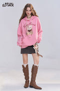 ELFSACK Cotton Blend Vintage Cartoon Graphic and Raw Hem Detail Oversized Washed Hoodie