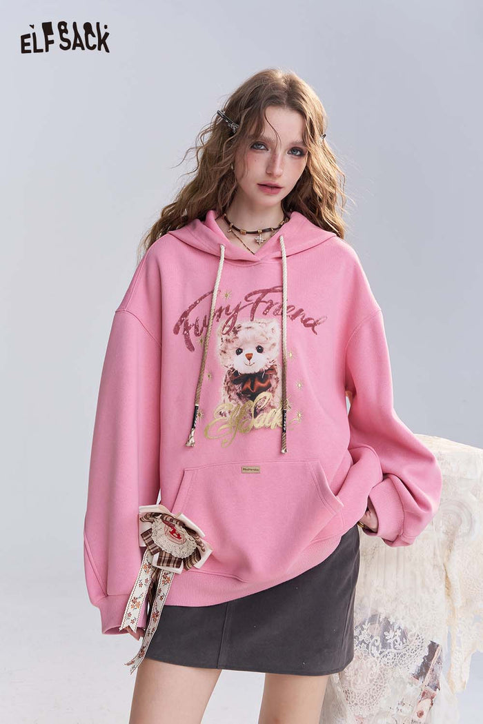 ELFSACK Cotton Blend Vintage Cartoon Graphic and Raw Hem Detail Oversized Washed Hoodie