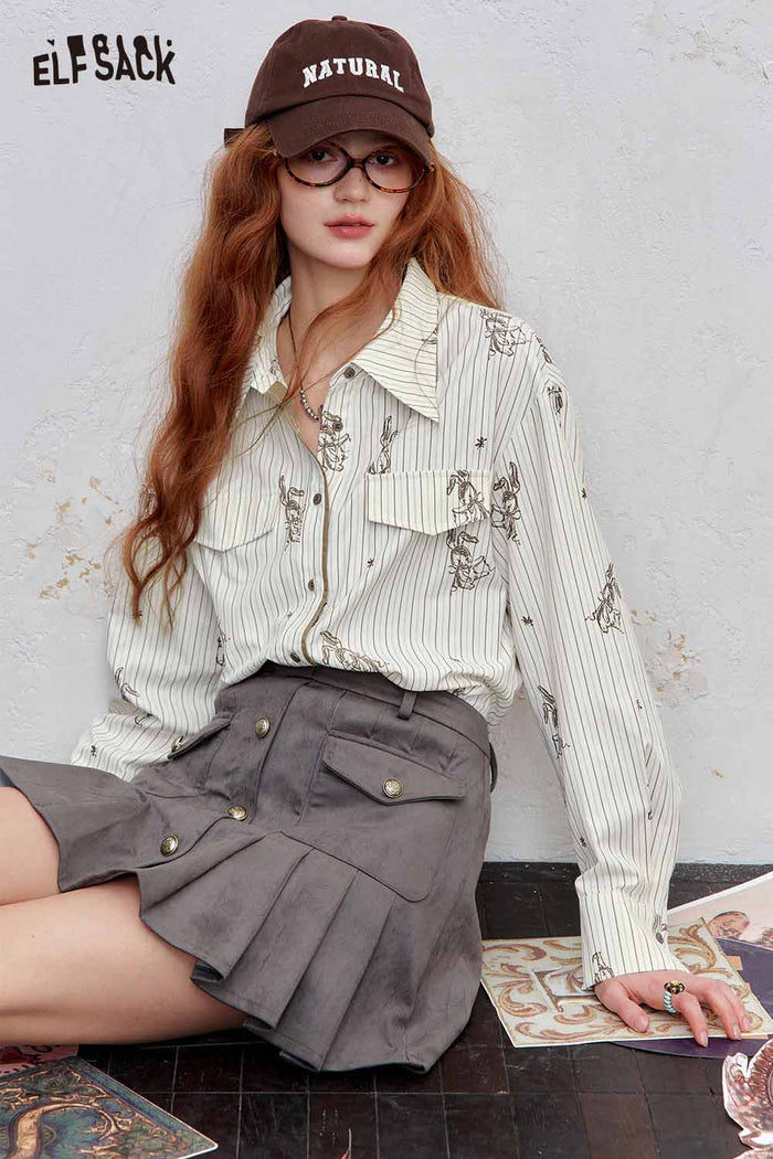 ELFSACK Cotton Bunny Stitch Detail Classic Stripe Regular Fit Poplin Shirt