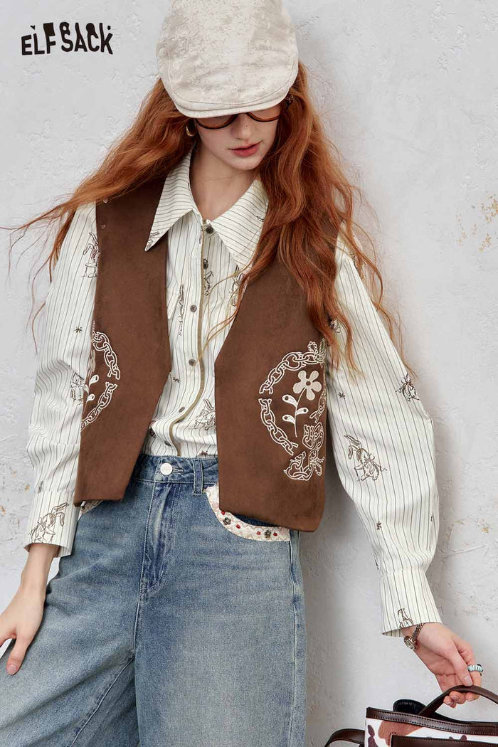 ELFSACK Cotton Bunny Stitch Detail Classic Stripe Regular Fit Poplin Shirt