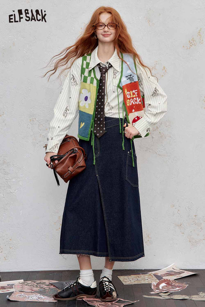 ELFSACK Cotton Bunny Stitch Detail Classic Stripe Regular Fit Poplin Shirt