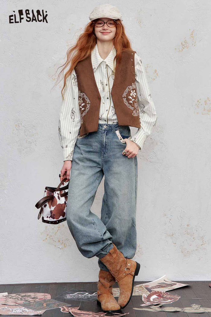 ELFSACK Cotton Bunny Stitch Detail Classic Stripe Regular Fit Poplin Shirt
