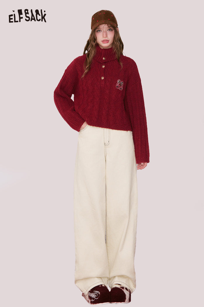 ELFSACK Cotton Classic Minimalist Casual Loose Solid Wide Leg Jeans