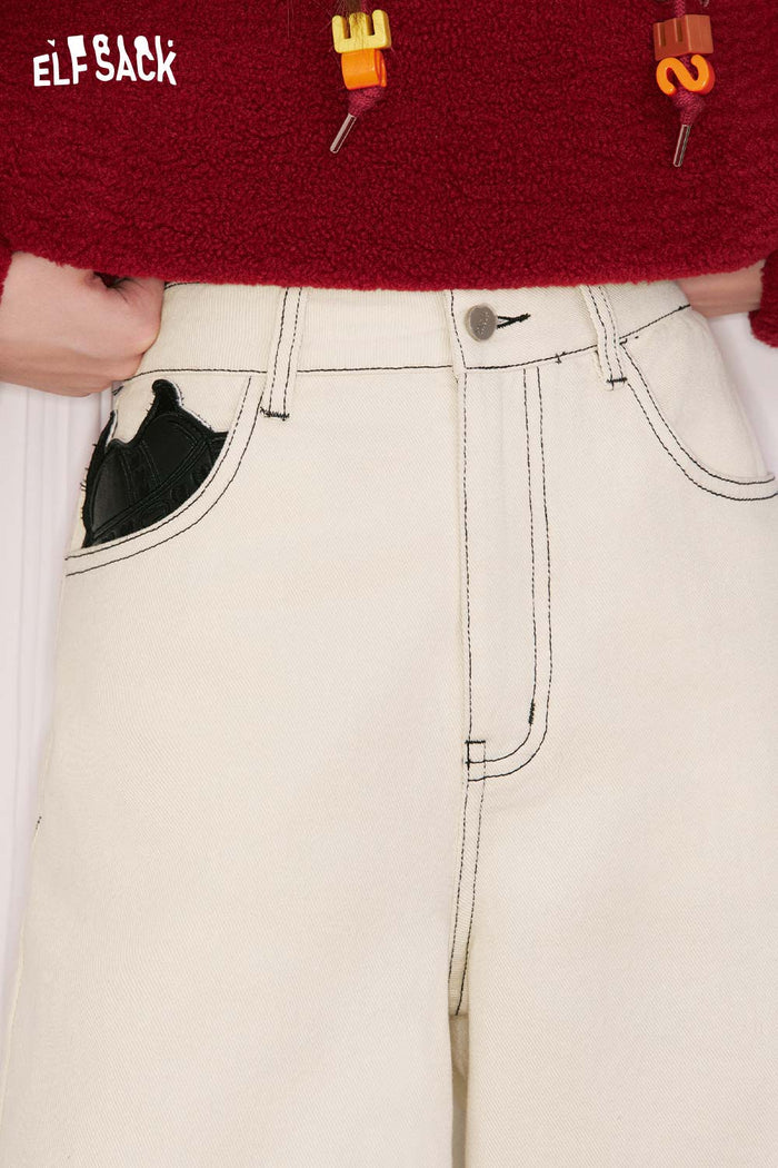 ELFSACK Cotton Classic Minimalist Casual Loose Solid Wide Leg Jeans