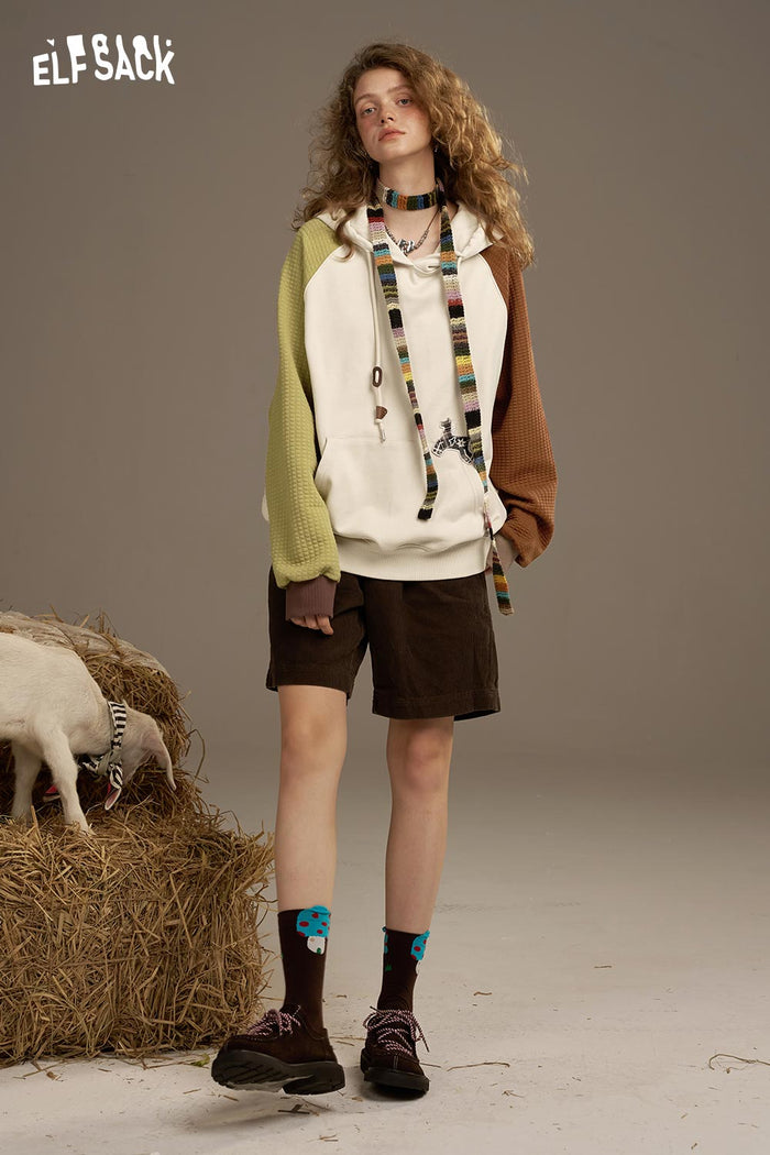 ELFSACK Cotton Colorblock Raglan Sleeve Loose Drawstring Sweatshirt