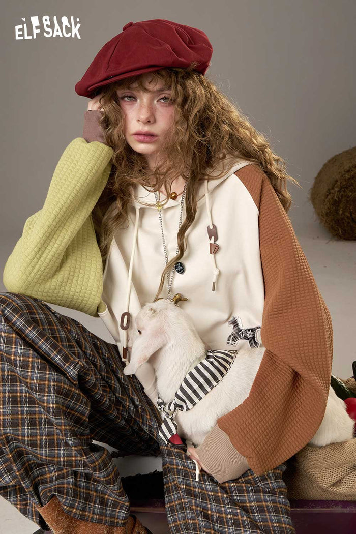 ELFSACK Cotton Colorblock Raglan Sleeve Loose Drawstring Sweatshirt