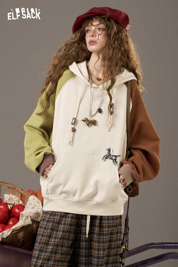ELFSACK Cotton Colorblock Raglan Sleeve Loose Drawstring Sweatshirt