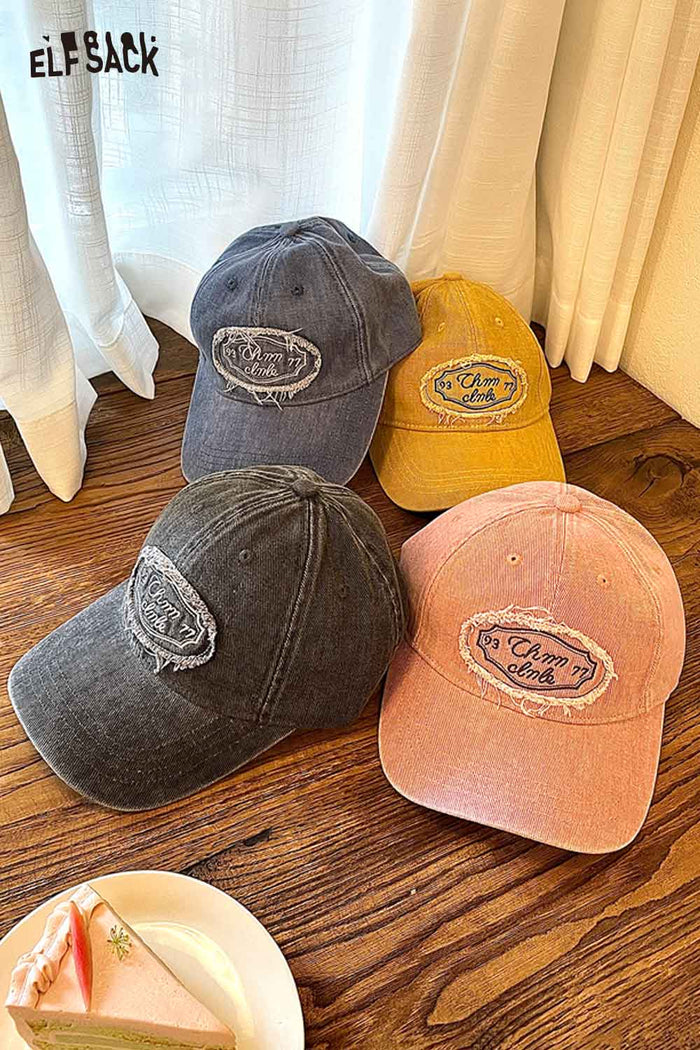 ELFSACK Cotton Dark Wash Distressed Denim Letter Embroidery Baseball Cap