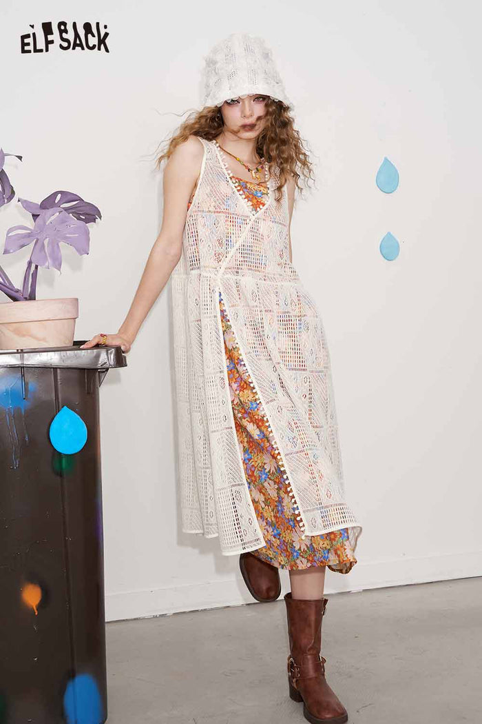 ELFSACK Cotton Halter Neck Adjustable Straps Boho Floral Print Tiered Ruffles Maxi Dress Two Piece Set
