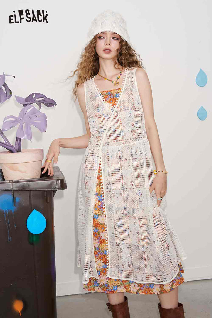 ELFSACK Cotton Halter Neck Adjustable Straps Boho Floral Print Tiered Ruffles Maxi Dress Two Piece Set