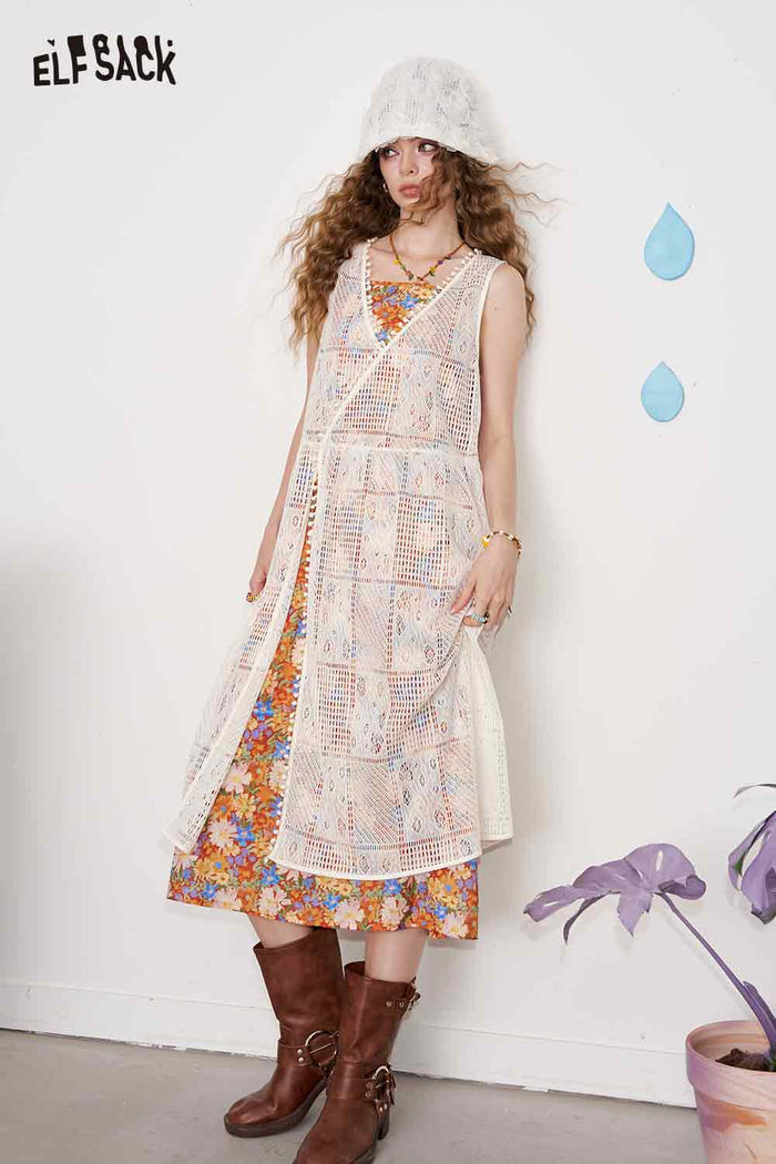ELFSACK Cotton Halter Neck Adjustable Straps Boho Floral Print Tiered Ruffles Maxi Dress Two Piece Set